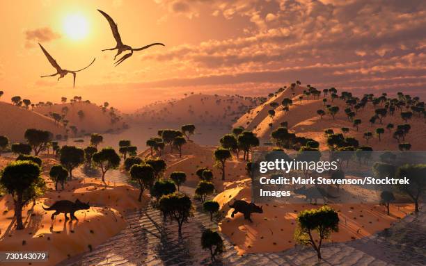 a pair of quetzalcoatlus pterosaurs flying over a cretaceous landscape. - quetzalcoatlus stock-grafiken, -clipart, -cartoons und -symbole