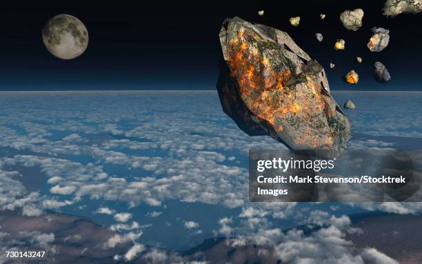 ilustraciones, imágenes clip art, dibujos animados e iconos de stock de a giant asteroid burning up in the earths atmosphere. - judgment day apocalypse