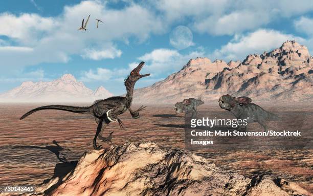 ilustrações, clipart, desenhos animados e ícones de a predatory velociraptor stalking a pair of protoceratops. - velociraptor