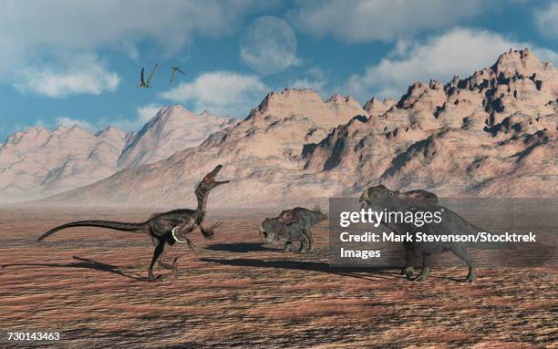 stockillustraties, clipart, cartoons en iconen met a predatory velociraptor stalking a pair of protoceratops. - velociraptor