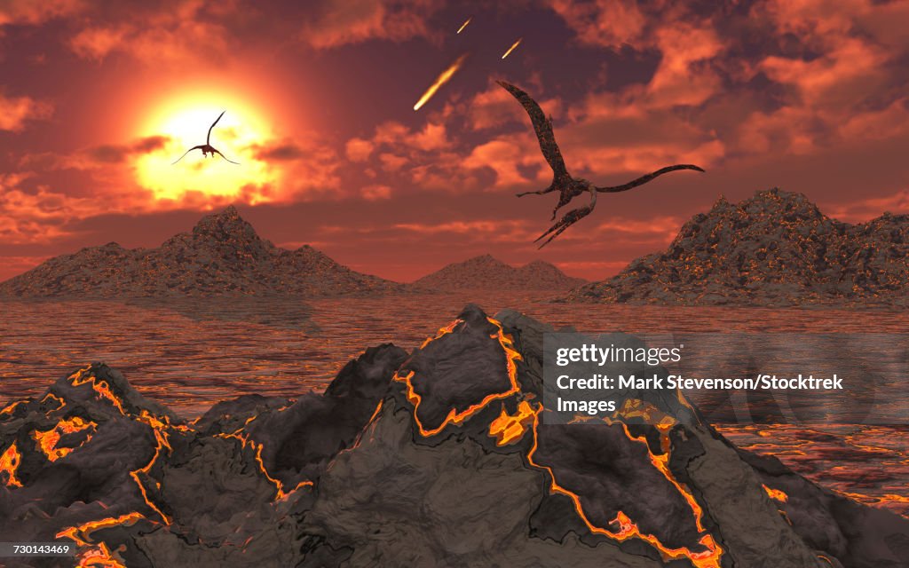 Pterosaurs above a volcanic landscape during the Cretaceous-Paleogene extinction event.