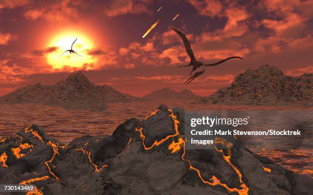 stockillustraties, clipart, cartoons en iconen met pterosaurs above a volcanic landscape during the cretaceous-paleogene extinction event. - vulkanische activiteit
