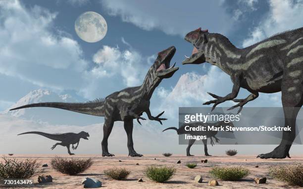 a pack of allosaurus dinosaurs from earths jurassic period. - allosaurus stock illustrations