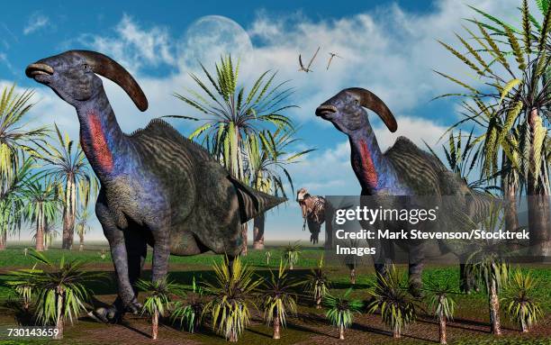 a t-rex chasing a pair of parasaurolophus dinosaurs. - parasaurolophus stock-grafiken, -clipart, -cartoons und -symbole