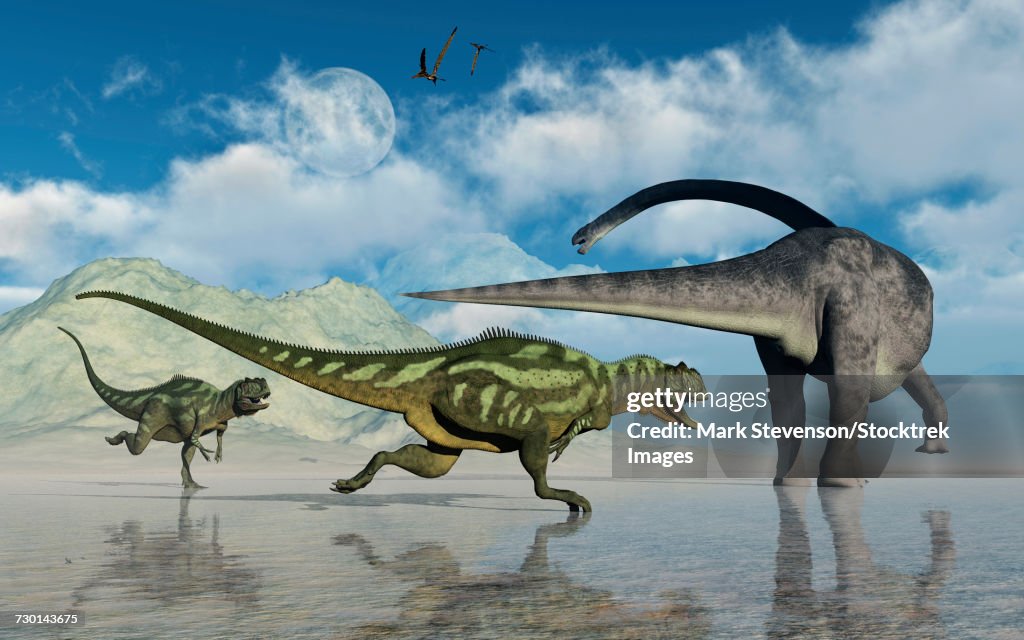 An Omeisaurus being chased by a pair of Yangchuanosaurus dinosaurs.