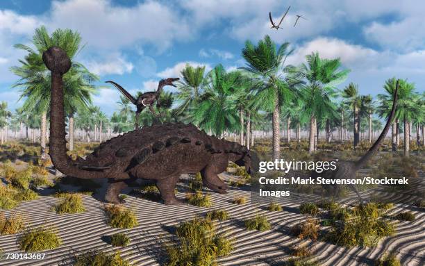 stockillustraties, clipart, cartoons en iconen met velociraptors attacking an armored pinacosaurus dinosaur. - velociraptor