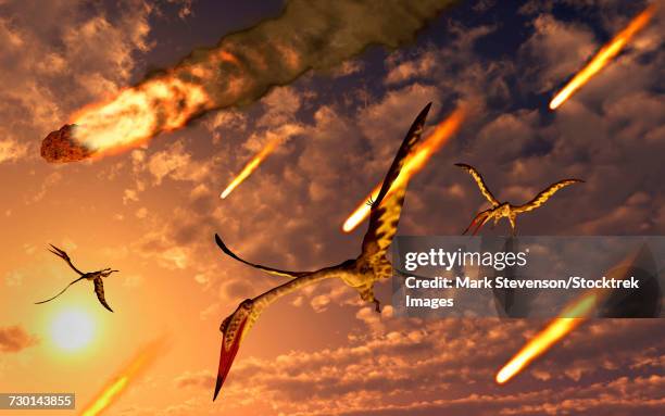 quetzalcoatlus try to avoid meteorites during the paleogene- cretaceous extinction event. - quetzalcoatlus stock-grafiken, -clipart, -cartoons und -symbole