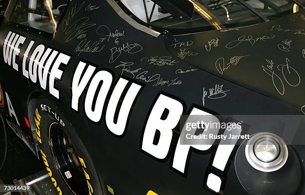 The rear quarter of the NAPA Toyota driven by Michael Waltrip, a memorial to former Winston Cup Champion Benny Parsons, is seen during NASCAR testing...