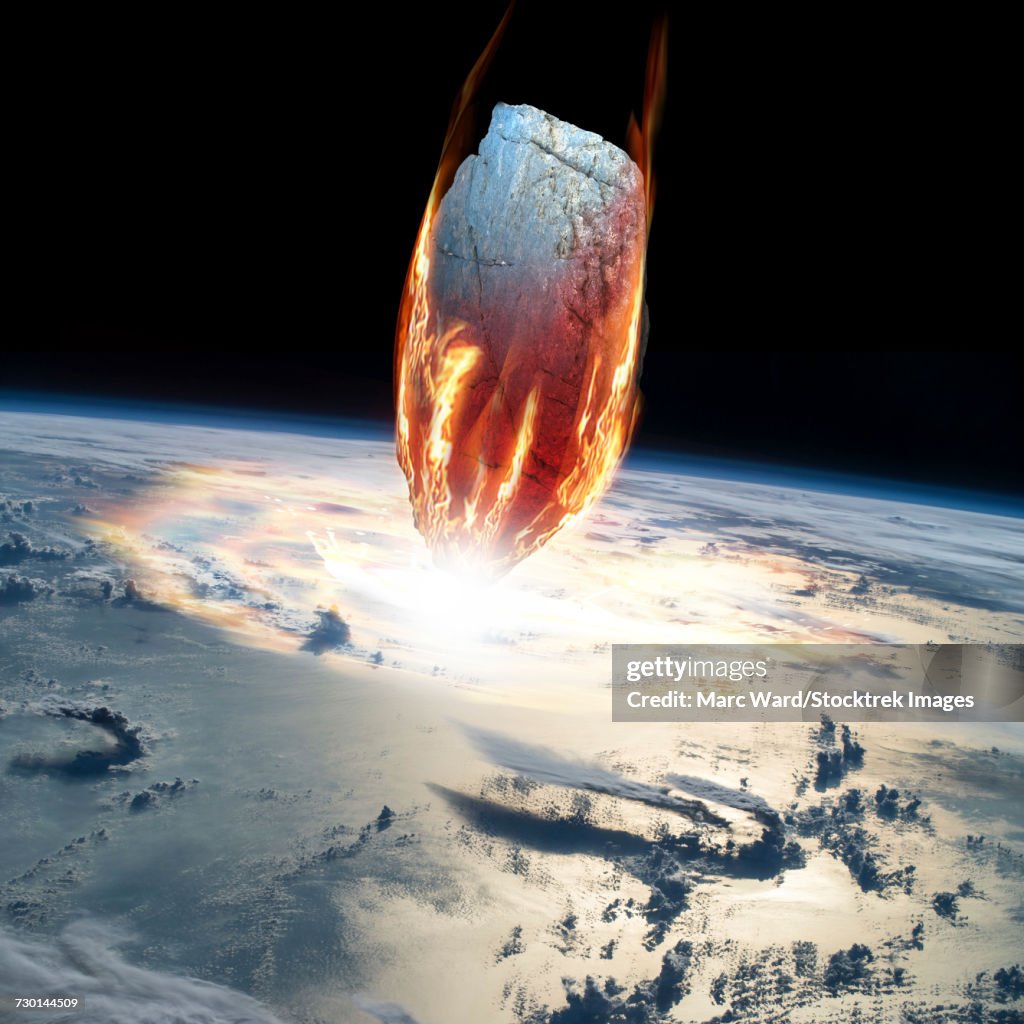 A massive asteroid enters Earths atmosphere and impacts the planet.