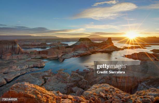 sunrise at alstrom point over gunsight bay, lake powell, utah, america, usa - lake powell stock pictures, royalty-free photos & images