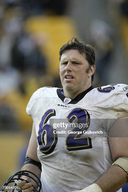 Offensive lineman Mike Flynn of the Baltimore Ravens on the sideline during a game against the Pittsburgh Steelers at Heinz Field on December 24,...