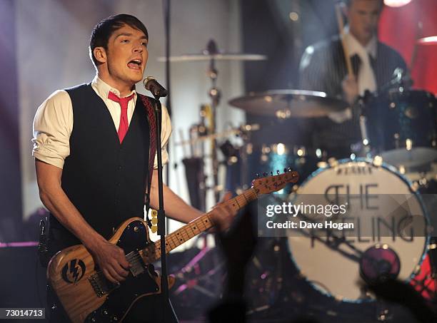 Singer Dan Gillespie Sells of band 'The Feeling' performs on stage at the BRIT Awards 2007 nominations launch party at the Hammersmith Palais on...