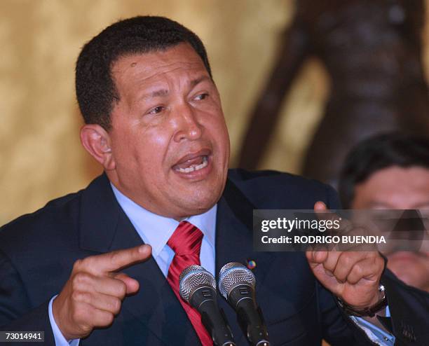 Venezuelan President Hugo Chavez delivers a speech after the signature of bilateral agreements with new Ecuadorean President Rafael Correa 16...