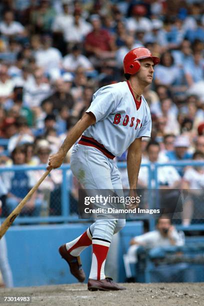 Outfielder Fred Lynn, of the Boston Red Sox, at bat during a game in May, 1978 against the Cleveland Indians at Municipal Stadium in Cleveland, Ohio.