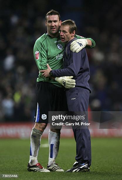 Manchester City manager Stuart Pearce greets his old friend Mark Crossley of Sheffield Wednesday during the FA Cup sponsored by E.ON Third Round...