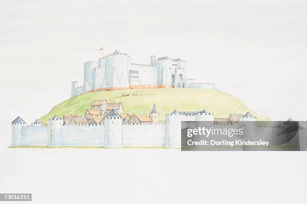 castle on mound overlooking settlement surrounded by town wall. - timber framed stock illustrations