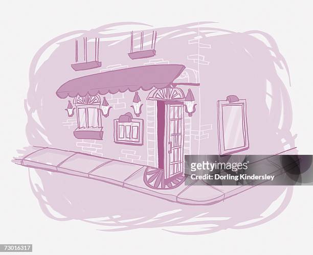 ilustrações de stock, clip art, desenhos animados e ícones de illustration in purple, view down two sides of house on corner, showing ground floor and first floor. - corner of building
