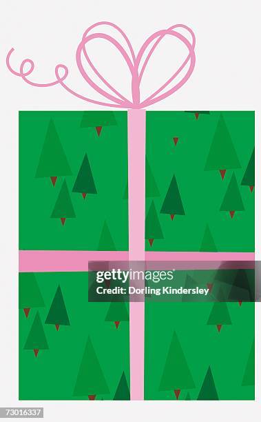 present with tree pattern wrapping paper and pink bow at the top. - top knot 幅插畫檔、美工圖案、卡通及圖標