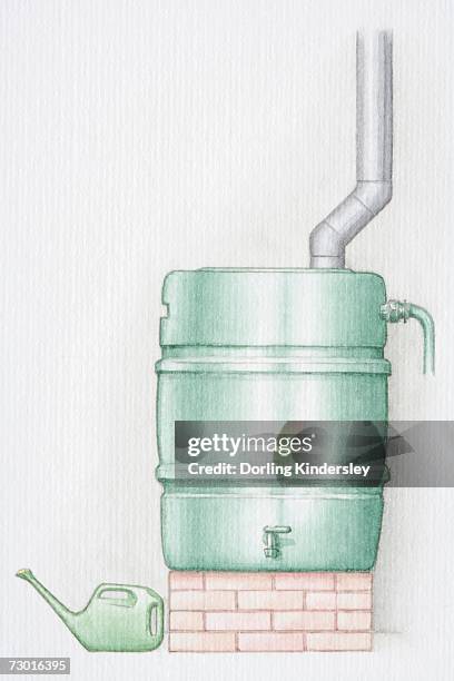 water butt, pipe running into container on brick socket, watering can standing to left. - storage space stock illustrations