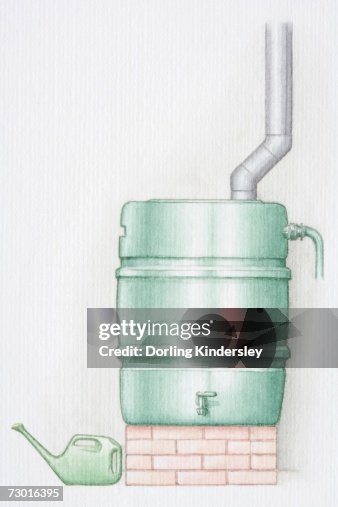 Water butt, pipe running into container on brick socket, watering can standing to left. Water butt, pipe running into container on brick socket, watering can standing to left.