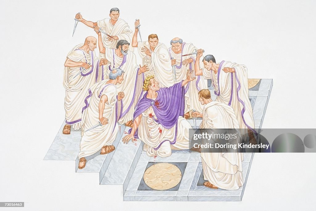 Illustration, Julius Caesar collapsed, wounded, amidst group of Romans brandishing daggers.