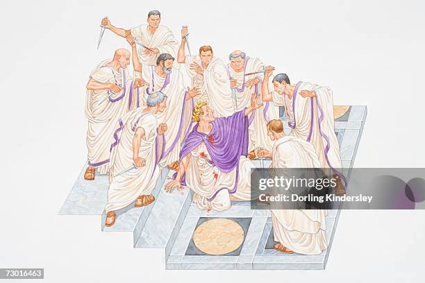 illustration, julius caesar collapsed, wounded, amidst group of romans brandishing daggers. - wounded stock illustrations