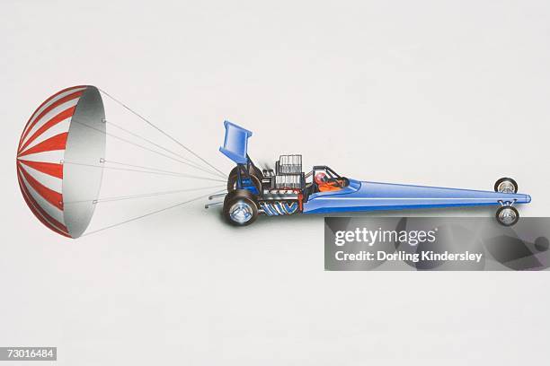 illustration, blue drag racing car with released parachute at the back, side view. - parachute stock illustrations
