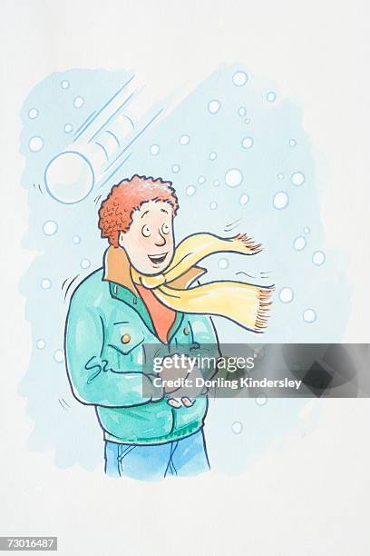 boy playing with snowballs. - looking outside winter stock illustrations