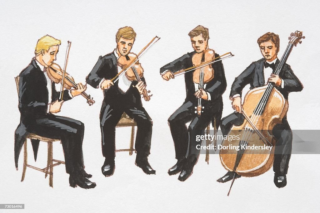 Illustration String Quartet Four Sitting Men In Tuxedos Playing Two ...