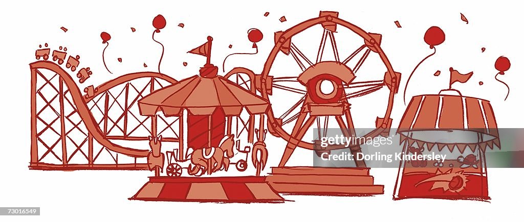 Fairground attractions including rollercoaster, big wheel, carousel and a stall with balls to throw at targets, balloons flying overhead.