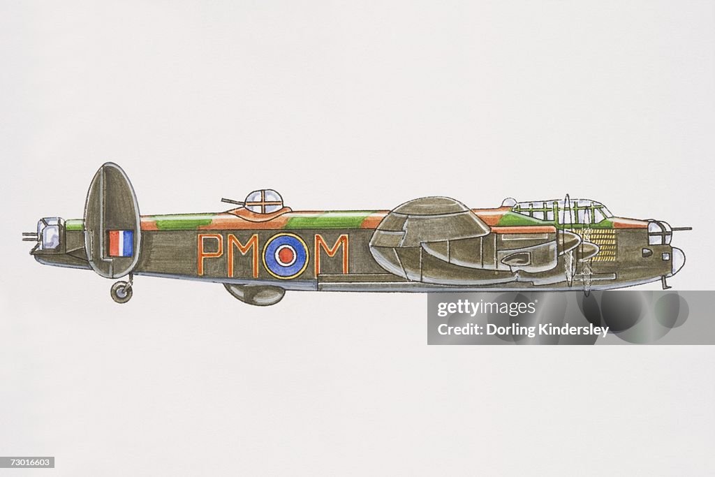 1941 Avro Lancaster, bomber with dorsal gun turret, blue-white-red RAF logo on side.