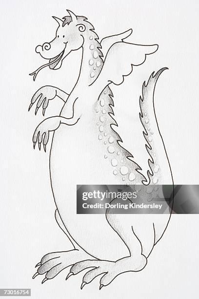 stockillustraties, clipart, cartoons en iconen met illustration, smiling winged dragon with forked tongue, side view. - gespleten tong