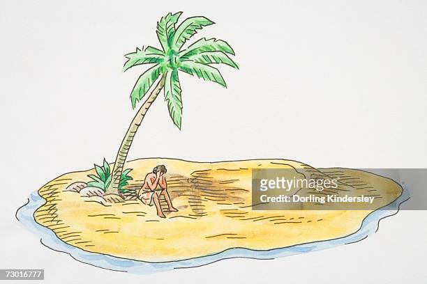 illustration, person stranded on deserted island with single palm tree. - desert island stock illustrations