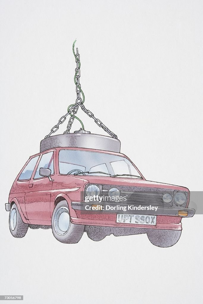 Illustration, electromagnet lifting red car.
