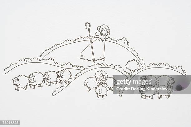 illustration, little bo peep, carrying a crook and looking for her sheep in amongst clouds. - children's literature stock illustrations