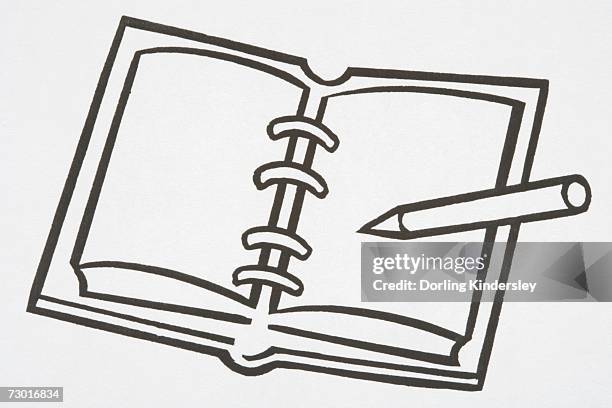 illustration, spiral notebook, pen lying on open page. - spiral notepad stock illustrations