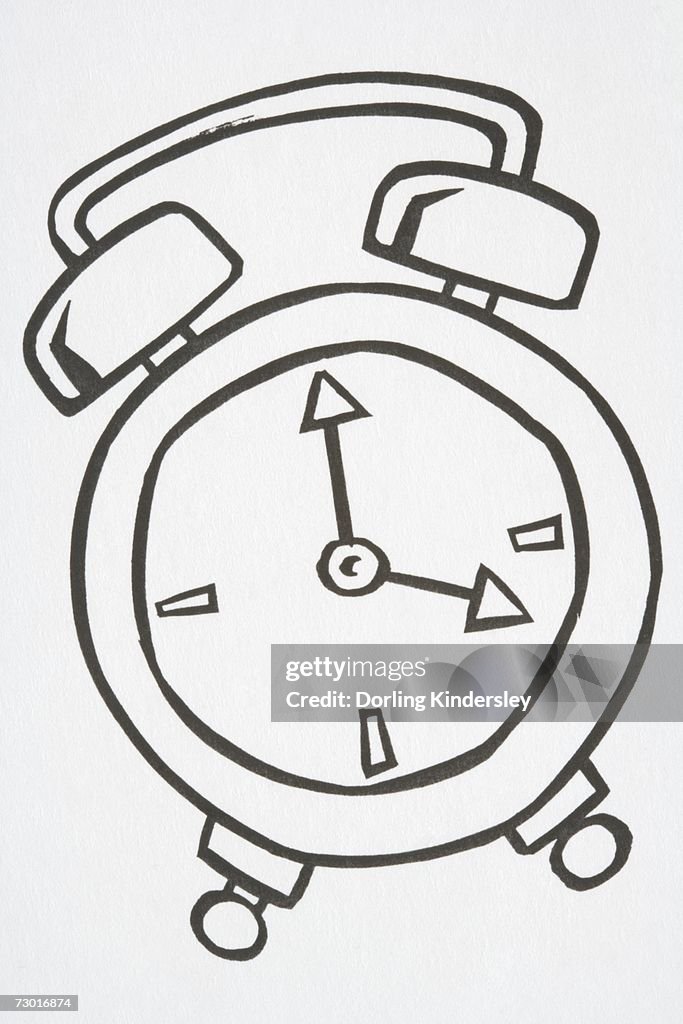 Illustration, alarm clock with handle and two bells on top, hands pointing to four o'clock.