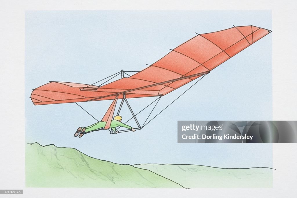 Illustration, man riding red hang glider over green hills, side view.