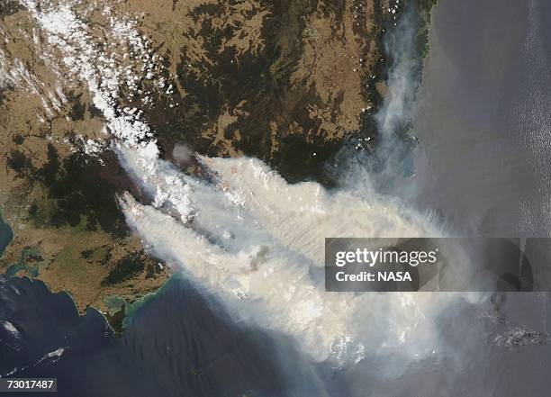 This satellite image, acquired by the MODIS on the Aqua satellite from NASA taken on January 11, 2007 shows smoke from bushfires streaming out from...