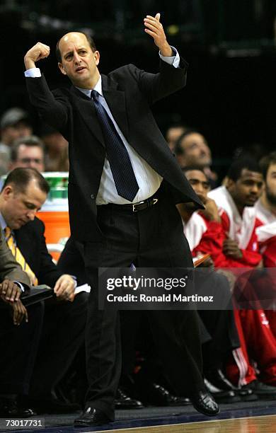 Head coach Jeff Van Gundy of the Houston Rockets during play against the Dallas Mavericks on January 16, 2007 at the American Airlines Center in...