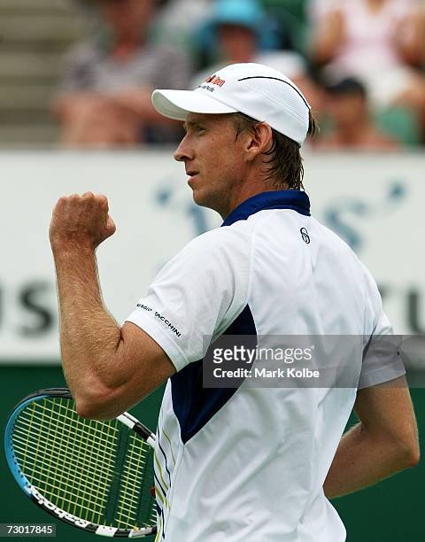 Wayne Arthurs of Australia celebrates winning his second round match against Zack Fleishman of the USA on day three of the Australian Open 2007 at...