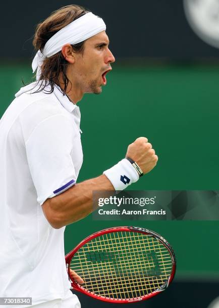 David Ferrer of Spain celebrates winning a point during his round two match against Thomas Johansson of Sweden on day three of the Australian Open...