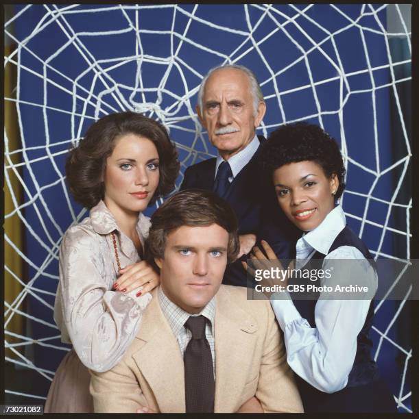 Promotional portrait of the cast of the CBS television series 'The Amazing Spider-Man' as they stand in front of a 'web,' 1978. American actor...