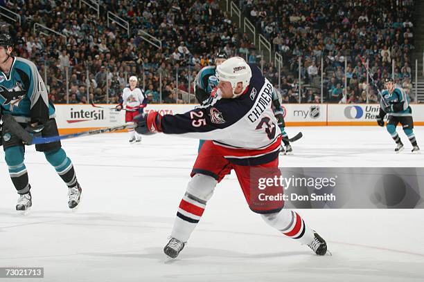 Jason Chimera of the Columbus Blue Jackets shoots the puck during a game against the San Jose Sharks on January 6, 2007 at the HP Pavilion in San...