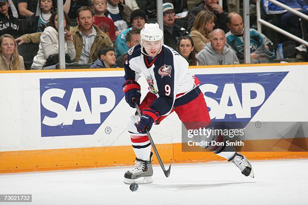 David Vyborny of the Columbus Blue Jackets skates with the puck during a game against the San Jose Sharks on January 6, 2007 at the HP Pavilion in...