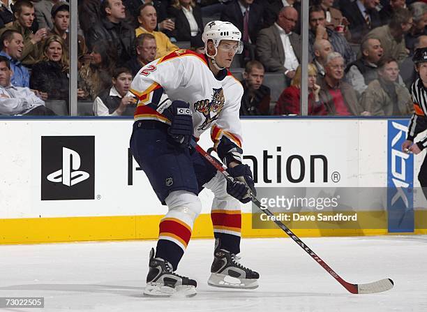 Branislav Mezei of the Florida Panthers skates against the Toronto Maple Leafs during their NHL game at the Air Canada Centre on December 19, 2006 in...