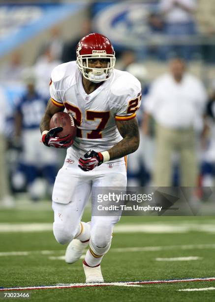 Running back Larry Johnson of the Kansas City Chiefs runs down field in a game against the Indianapolis Colts at the RCA Dome on January 6, 2007 in...