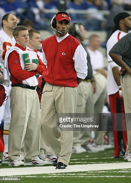 Head coach Herman Edwards of the Kansas City Chiefs paces the sideline in a game against the Indianapolis Colts at the RCA Dome on January 6, 2007 in...