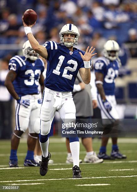 Quarterback Jim Sorgi of the Indianapolis Colts passes during warmups before a game against the Kansas City Chiefs at the RCA Dome on January 6, 2007...