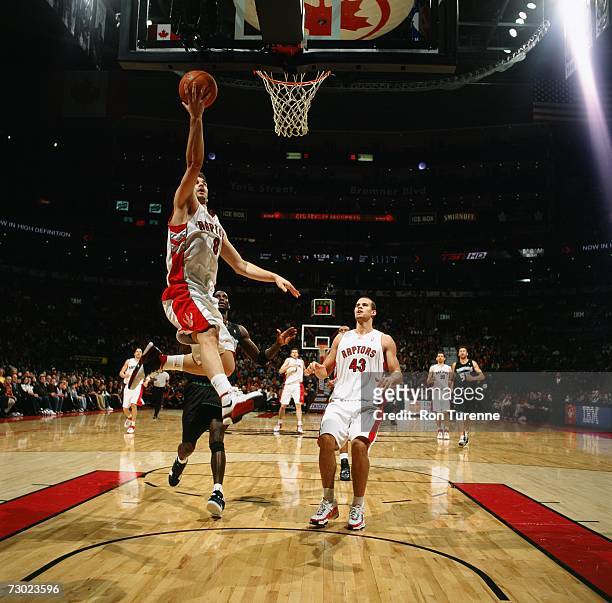 Jose Calderon of the Toronto Raptors drives to the basket for a layup during a game against the Minnesota Timberwolves at Air Canada Centre on...